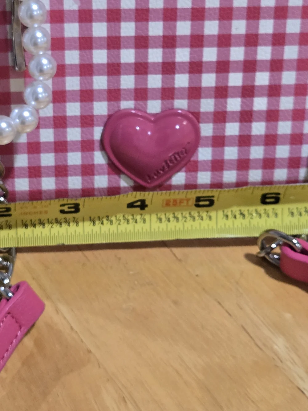Pink Gingham Crossbody Bag with Heart Accent and Pearl Charm